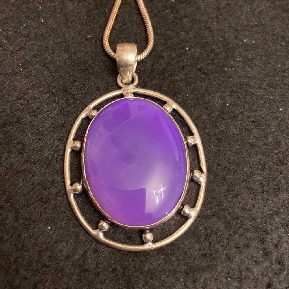 Beguiling Purple Lace Agate Stone Set in Silver with a 20” Sterling Silver Chain